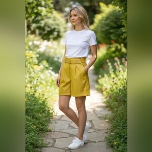 INC  Concepts Yellow High-Waist Belted  Faux Leather Bermuda Shorts Size large